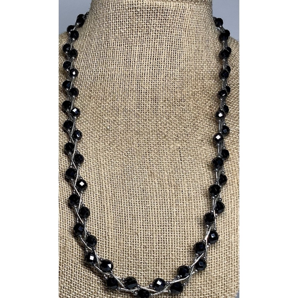 Sterling Silver Black Faceted Twisted Beads Necklace Beautiful Marked